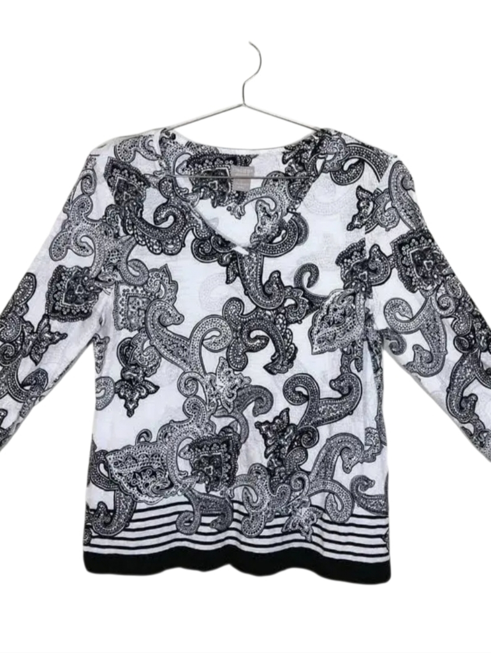 Chico's 3 Zenergy Top Size 16/18  Black White Paisley Roll Tab Sleeves Blouse